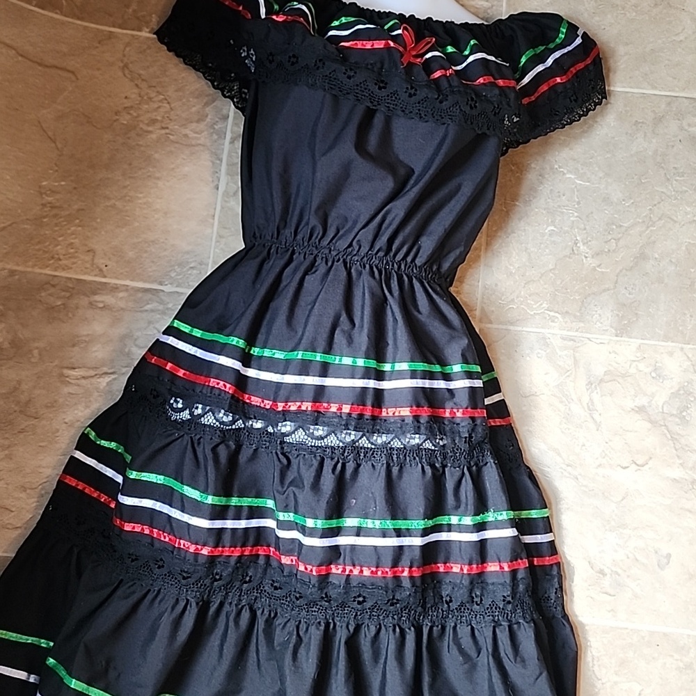 Black Off-Shoulder Tiered Mexican-Style Dress with Red White & Green Trim Youth